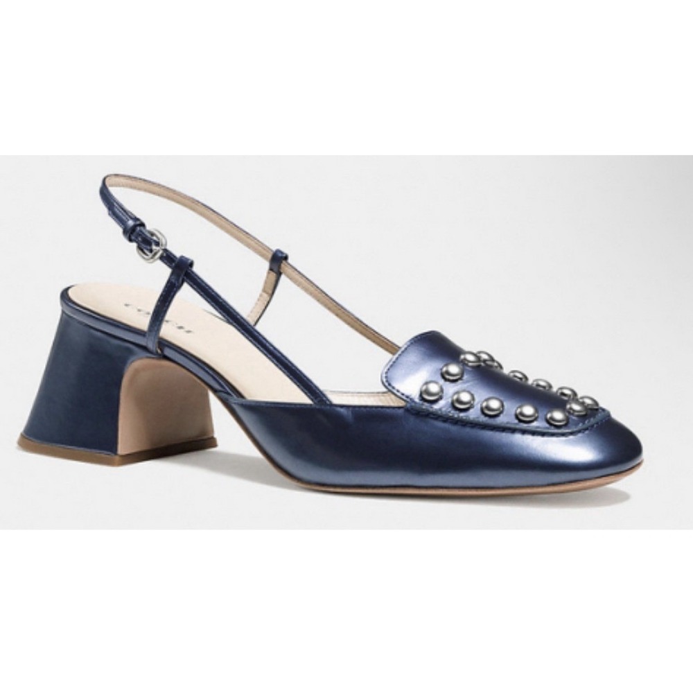 Coach Size 7B Rivet Slingback Chunky Heel Shoes Blue Denim Pearl Silver Studs